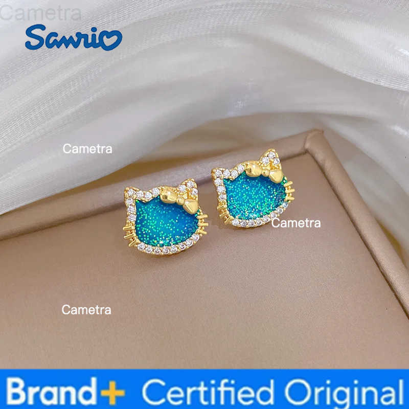 Sanrio Dreamy Blue Zircon Hello Kitty Pendant Necklace Stud Earrings for Women Girl Cute Charm Stainless Steel Chain Jewelry Set H251229