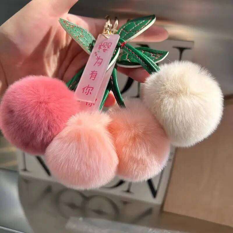 ZAKOL New Cute Fluffy Rex Rabbit Fur Ball Pompom Leaf Keychain Cherry Handbag Car Key Chain Ring Gift