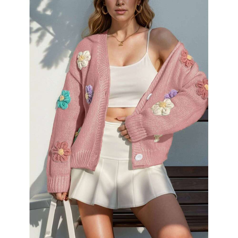 Autumn Winter Flower Pattern Knitted Cardigan, Women's New Sweet And Lovely Loose Long-Sleeved Single-Breasted Sweater
