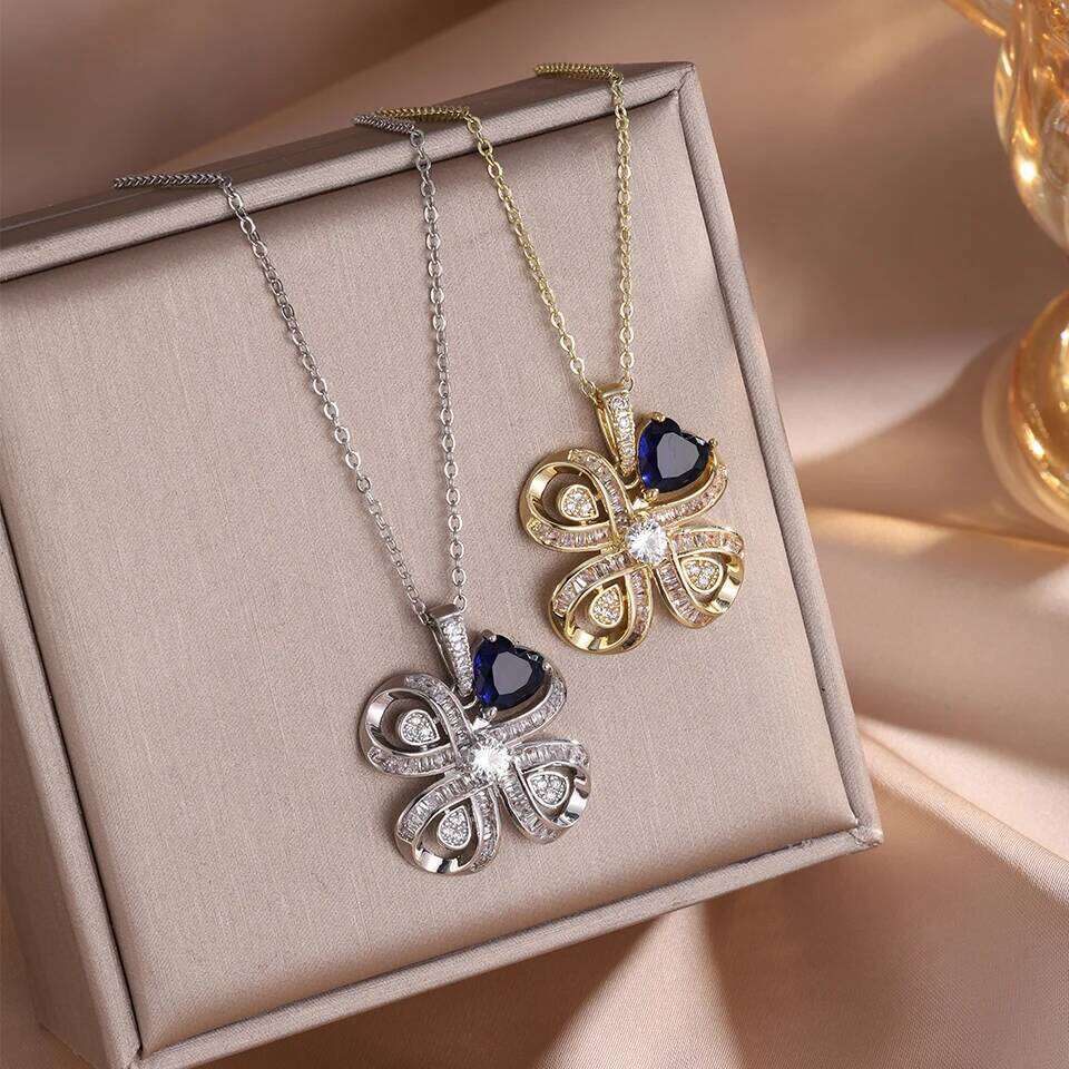 ZAKOL Fashion Dazzling AAA Cubic Zirconia Four-leaf Clover Flower CZ Pendant Necklace for Women Party Jewelry Gift