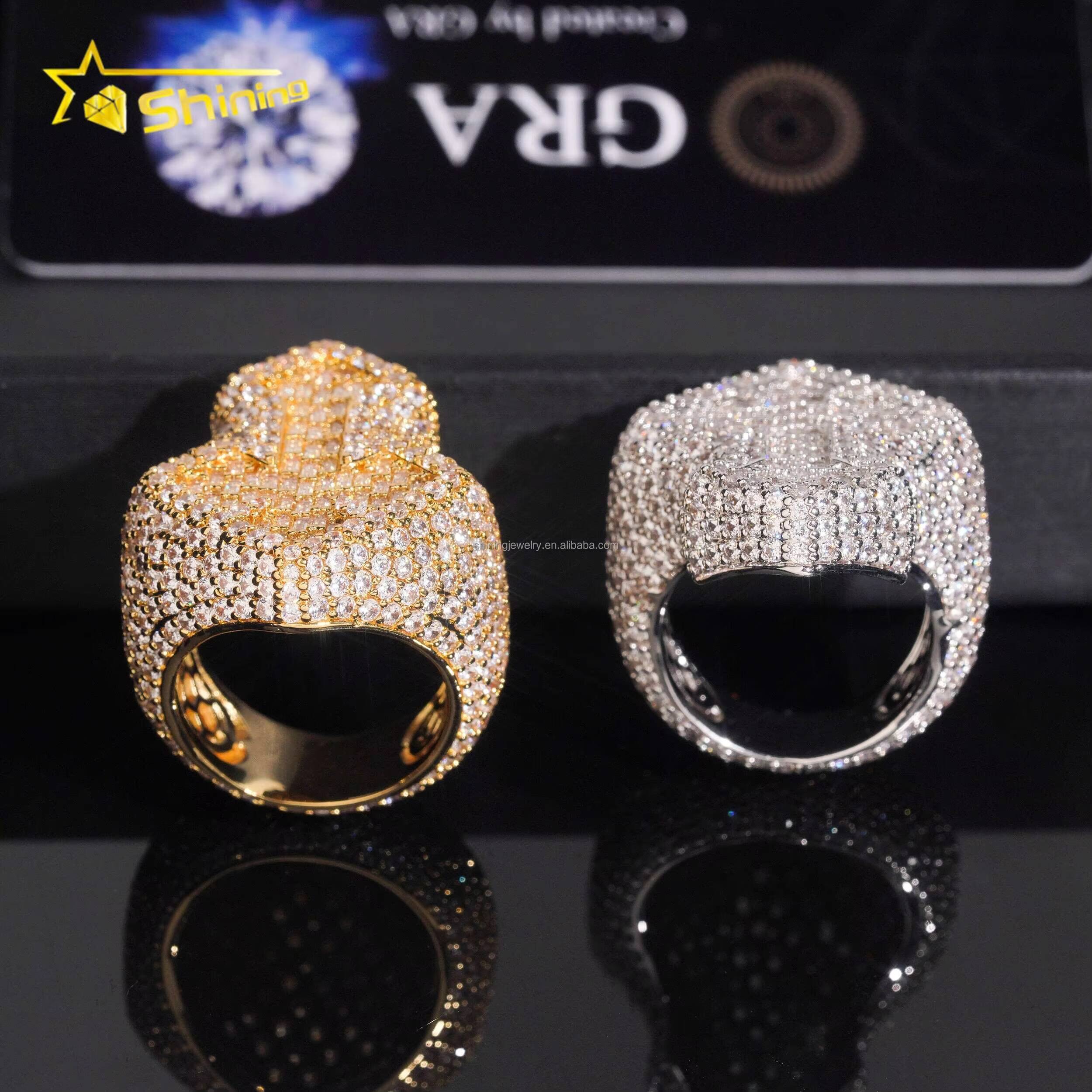 Bulk Stock Fashion Man Stylish Wholesale Price Hip Hop Fire Jewelry S925 Solid Silver Iced Out FL Moissanite Diamond Cross Ring