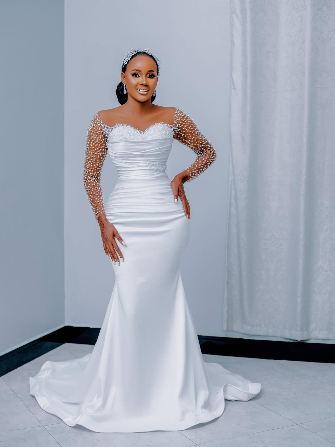 2026 Aso Ebi Arabic Mermaid Wedding Dress For Bride Bridal Gowns Illusion Sheer Neck Long Sleeves Beaded Satin Lace Wedding Gowns for Black Women D735