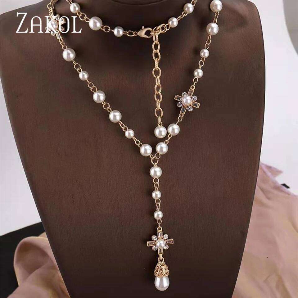 ZAKOL Elegant Long Pendant Necklace for Women Luxury Imitation Pearl Sweater Chain Party Accessories