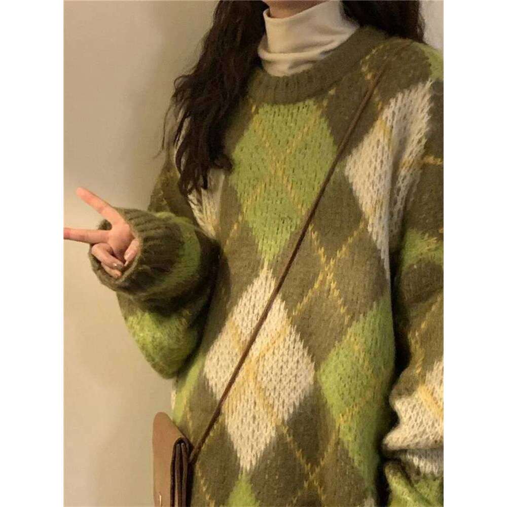 Retro Green Pullovers Women Cozy Minimalist BF Style Autumn Argyle Casual Harajuku Baggy Sweater Long Sleeve All-Match Knitwear