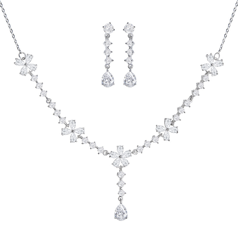 TaiYang 2025 New Floral Teardrop Zirconia Jewelry Set, Silver Plated Copper Bridal Earrings & Necklace, Wedding Engagement Jewelry Gift