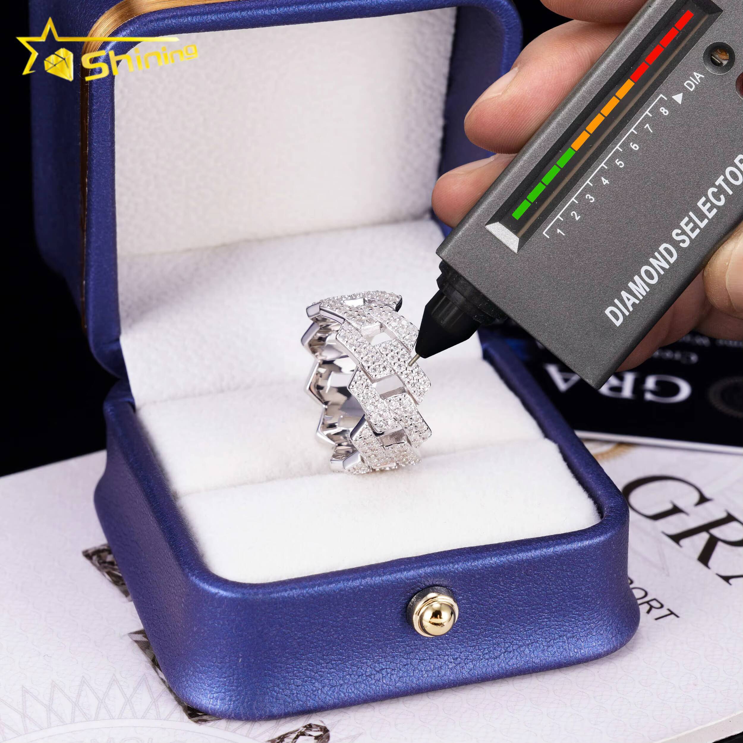 Wholesale Factory Price in Stock Moissanite Jewelry 925 Silver Iced Out 2 Row Diamond Cuban Rings Moissanite Hip Hop Ring