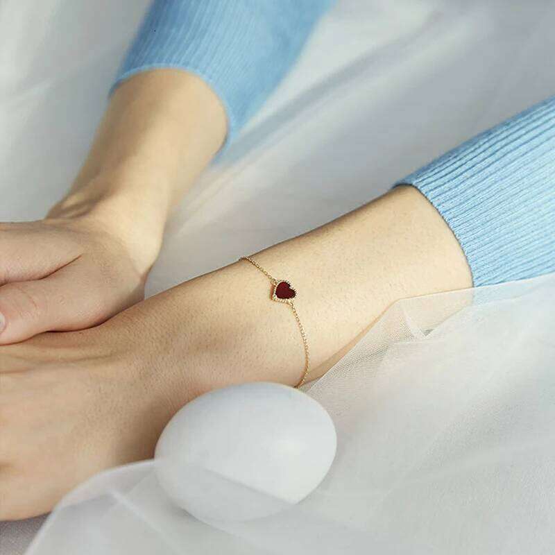 925 Sterling Silver Heart-shaped Agate Bracelet Women's Summer New Simple Small Red Heart Student Gift Party Jewelry 25H1229