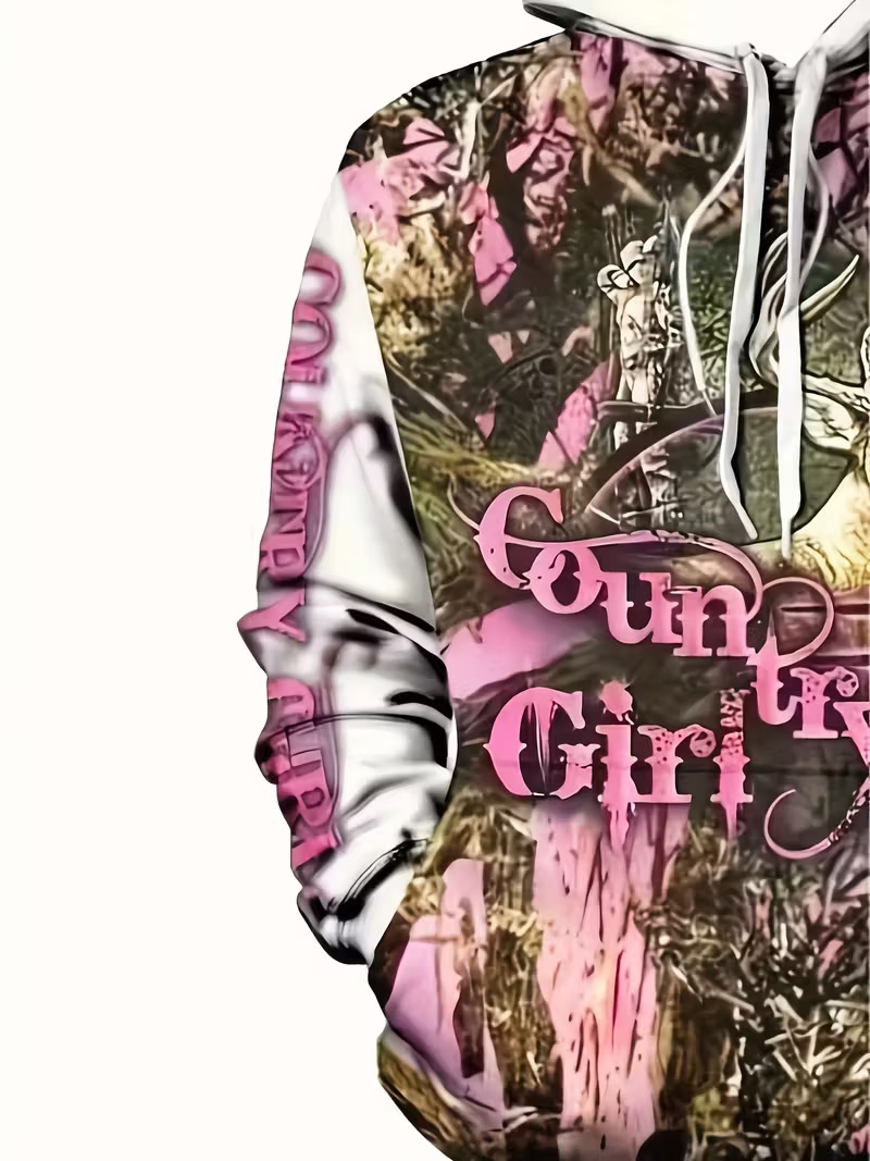 Trendy Men's Hoodie with Pink Camouflage Deer Head Country Girl Print Relaxed-Fit Casual Outdoor-Style Pullover Hoodie