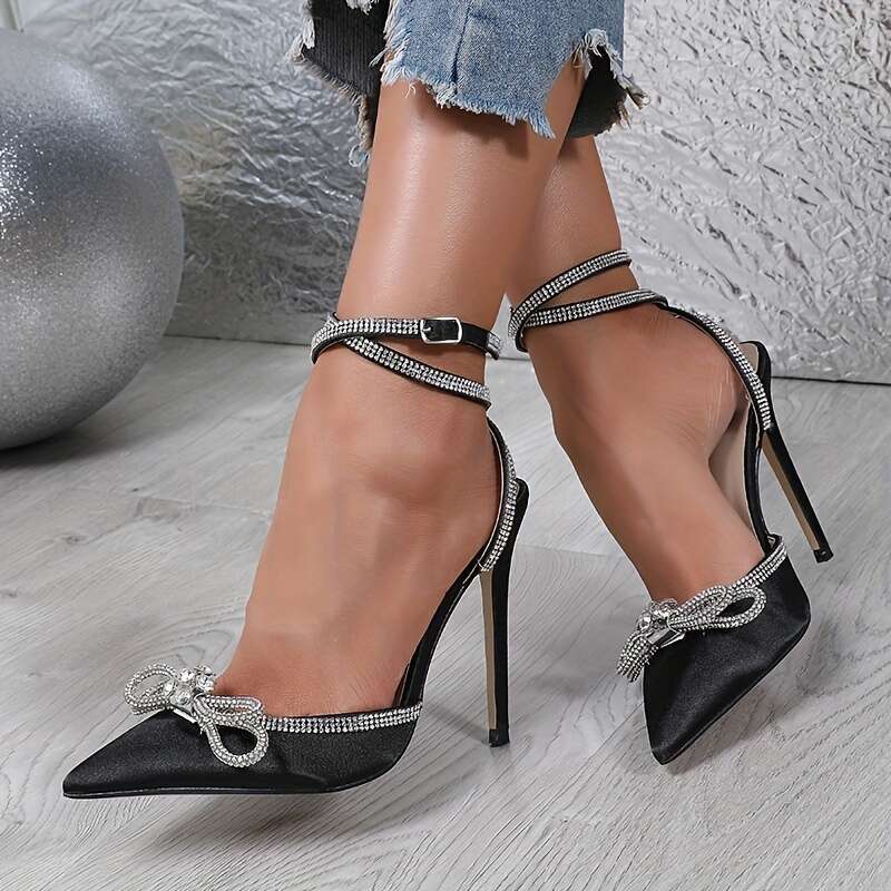 Liyke Fashion Crystal Sequined Bowknot Women Pumps Sexy Pointed Toe High Heels Wedding Prom Shoes Ladies PVC Transparent Sandals MOJIDASHU