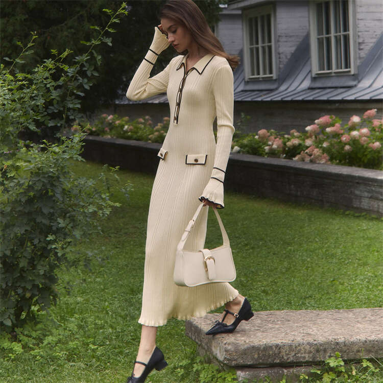 Dress for women French Style Light Luxury Ruffled Knitted 2026 New Autumn Winter Sweater Turn-Down Collar Slim Mid-Length Dress, Office Casual Wear