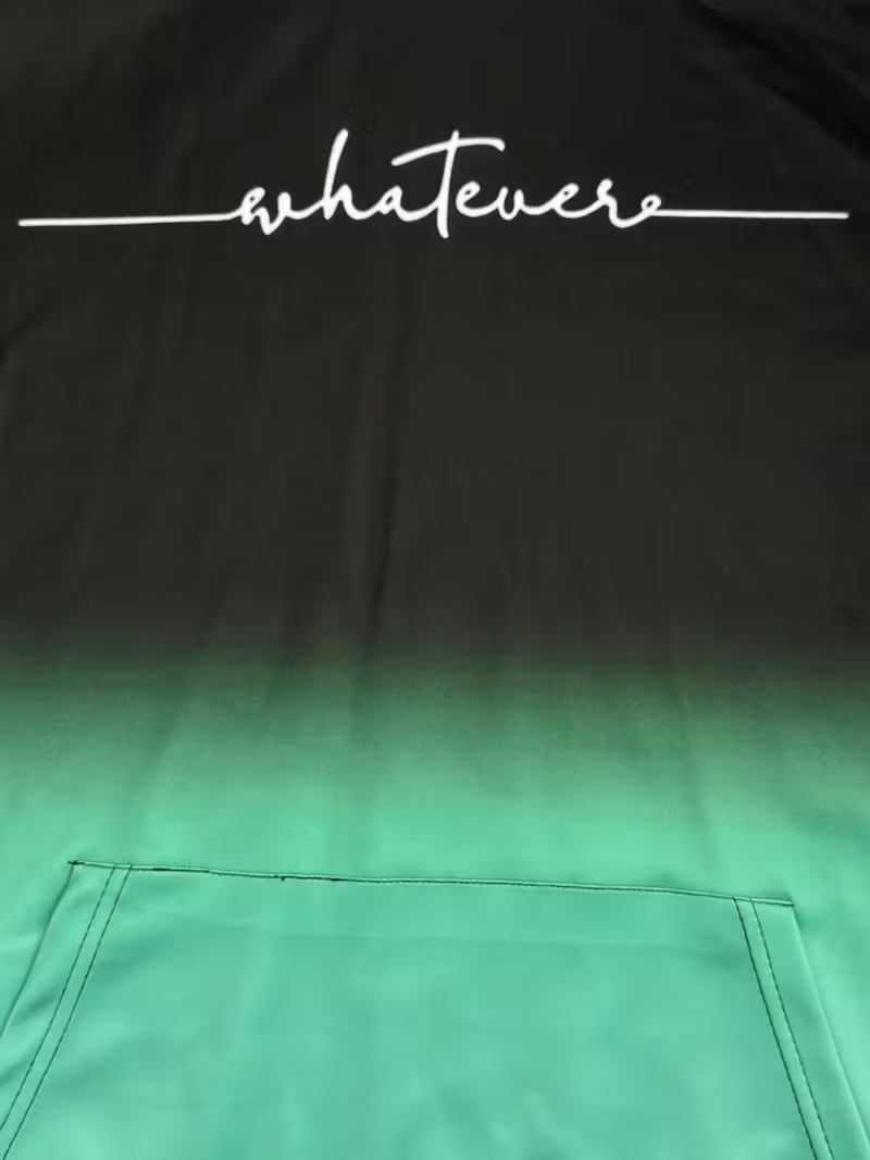 Trendy Gradient Hoodie Black & Green Color-Blocked Letter Print Relaxed-Fit Casual Streetwear Pullover Hoodie