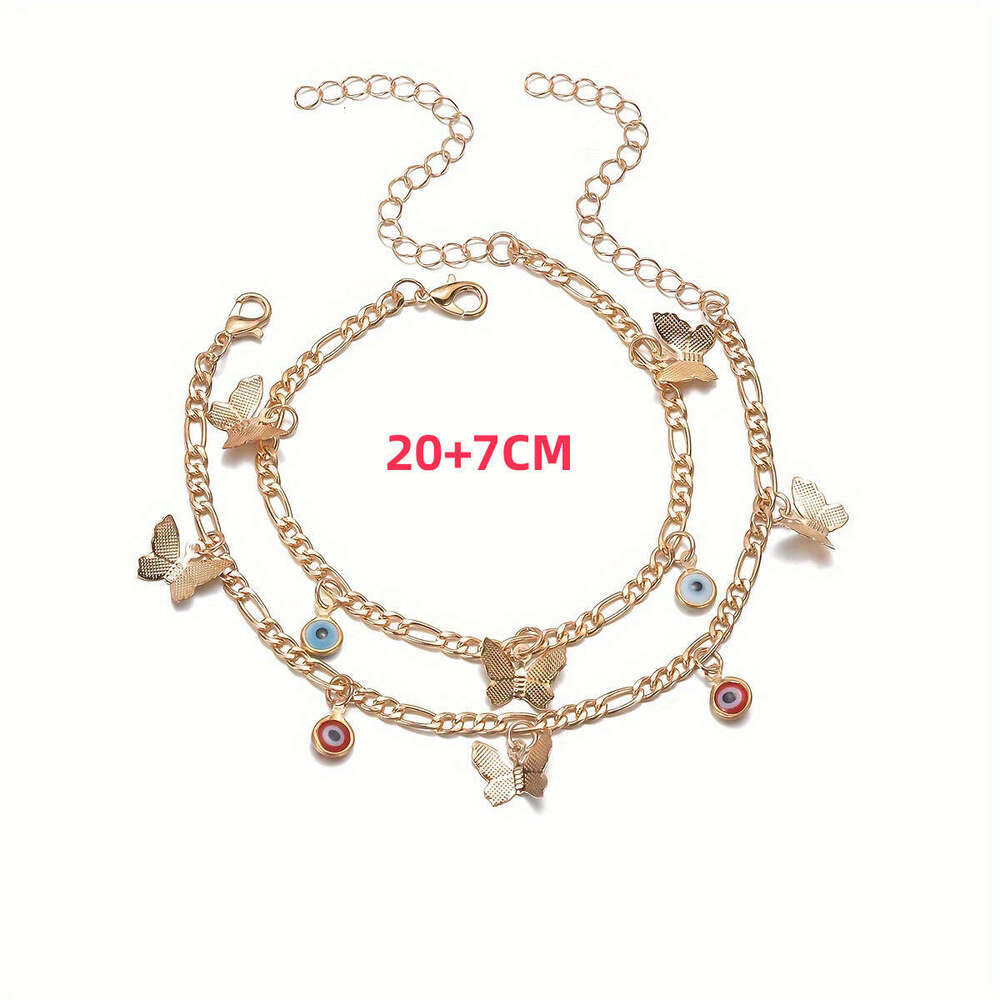 Classic Butterfly Pendant Devil's Eye Tassel Decorative Anklet Bohemian Style Double Layer Stacked Foot Jewelry Personalized