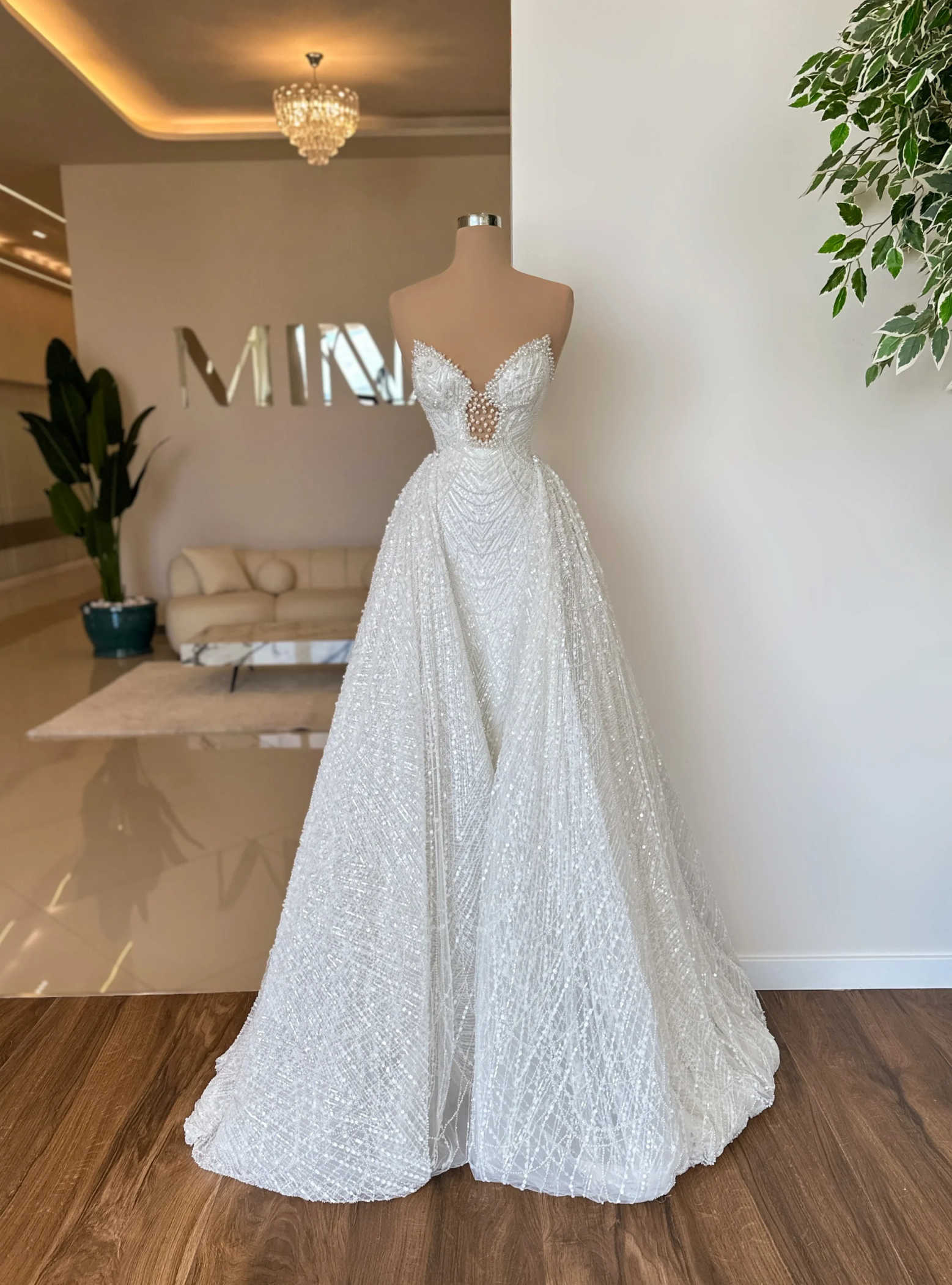 Customizable Wedding Dresses Simple Pearl Sequined Strapless Gown with Detachable Train Engagement Dress Dress