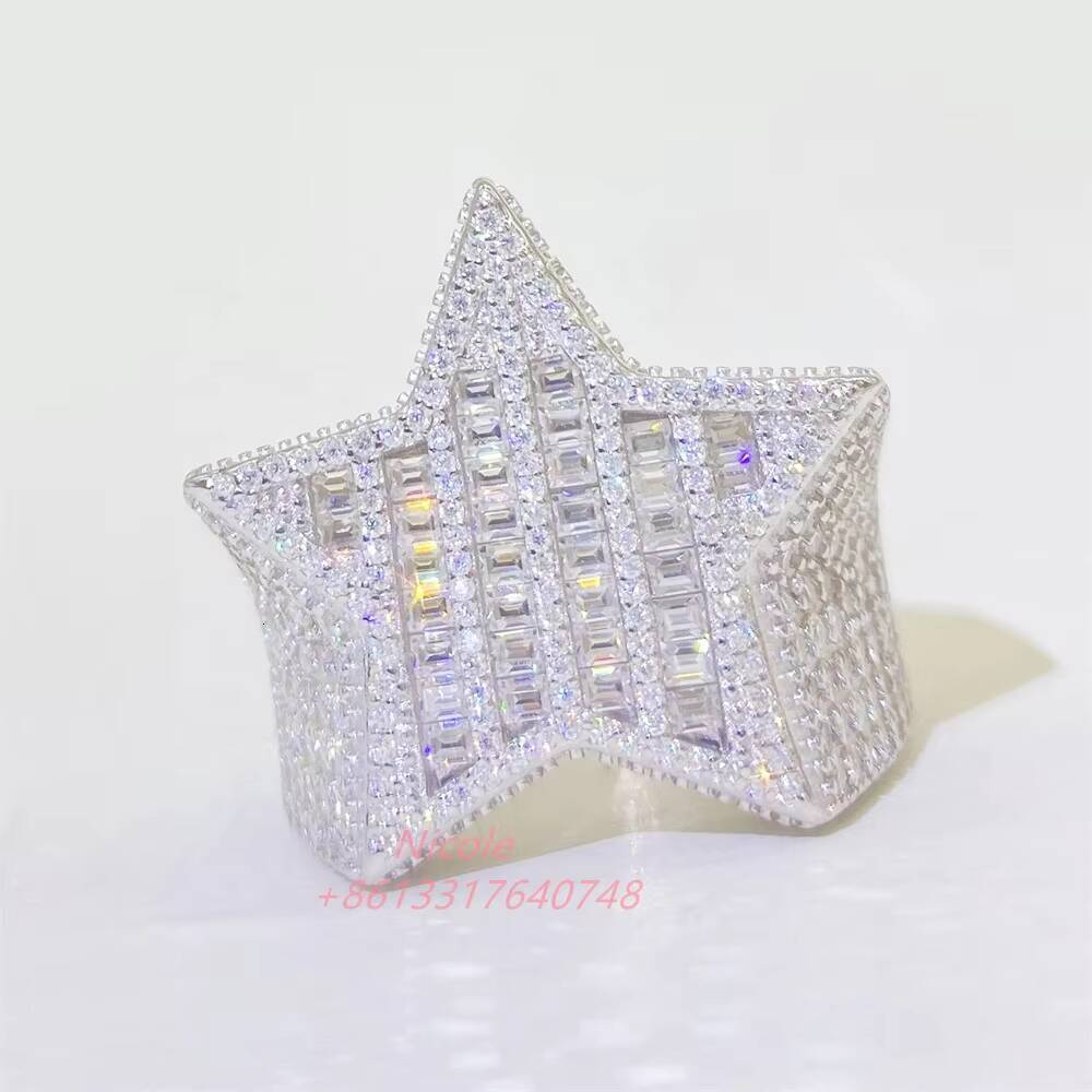 Ready to Ship Bling 925 Sterling Silver Star Shape baguette Diamond Moissanite Ring Hip Hop Iced Out Mens Rings