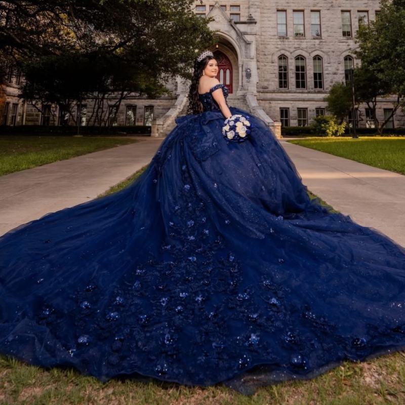 Navy Blue Shiny Quinceanera Dresses Ball Gown Off The Shoulder Applique Flower Beading Crystal Bow Tull Corset Party Birthday Sweet 16 Dres Vestidos 1