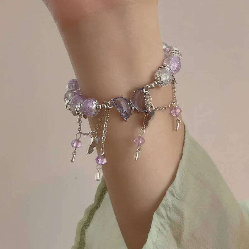 New Niche Design Purple Crystal Butterfly Pendant Beaded for Women Sweet Charm Bracelet Jewelry Accessories Party Gift 25H1229