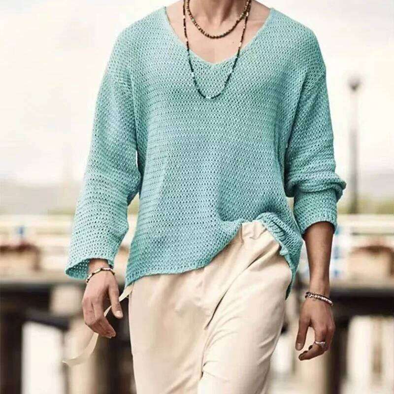 2025 New Men's Loose Long Sleeve Casual Hollow Knitted Sweater Outer Shirt Fashion Versatile Top