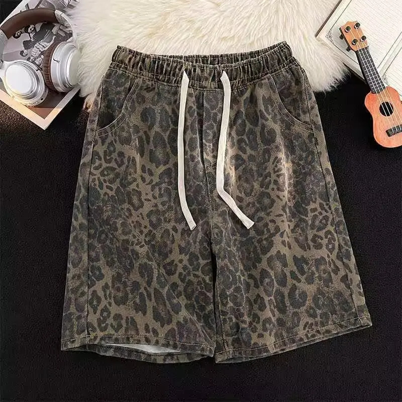 American Retro Leopard Print Casual Shorts Male Trendy Hip-Hop Street Loose Straight-leg Fifth Jeans Drawstring Pocket Shorts 251223