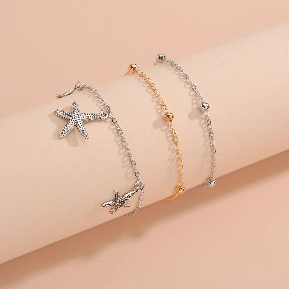 Summer Beach Starfish Pendant Beaded Three-Piece Set Round Bead O-Chain Three-Layer Stacked Fashion Women's Anklet