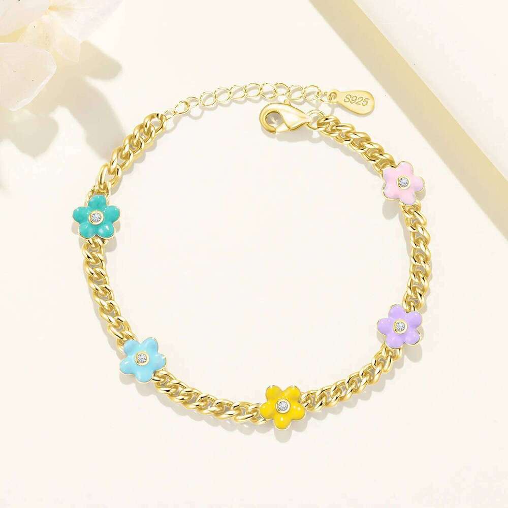 Orstarry New 925 Sterling Silver Cute And Colorful Flower Chain Link Women Bracelet Festival Jewelry Party Trendy Gifts 25H1229
