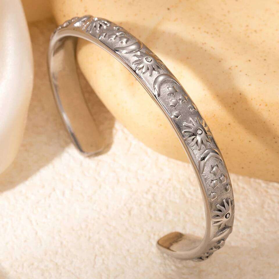ZAKOL Stainless Steel Moon Star Sun Bangle Bracelet Gold Sliver Open Wrist Vintage Fashion Party Jewelry Gift for Women