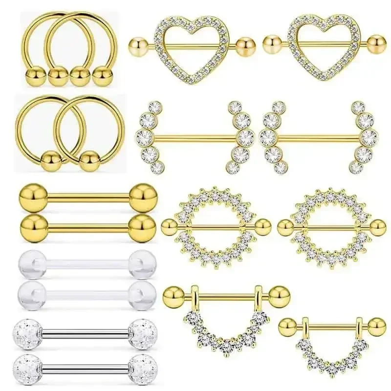 12PC/Set Stainless Steel Pink Heart Moon Nipple Piercing Kit Fashion Crystal Sexy Nipple Ring Body Jewelry 251224