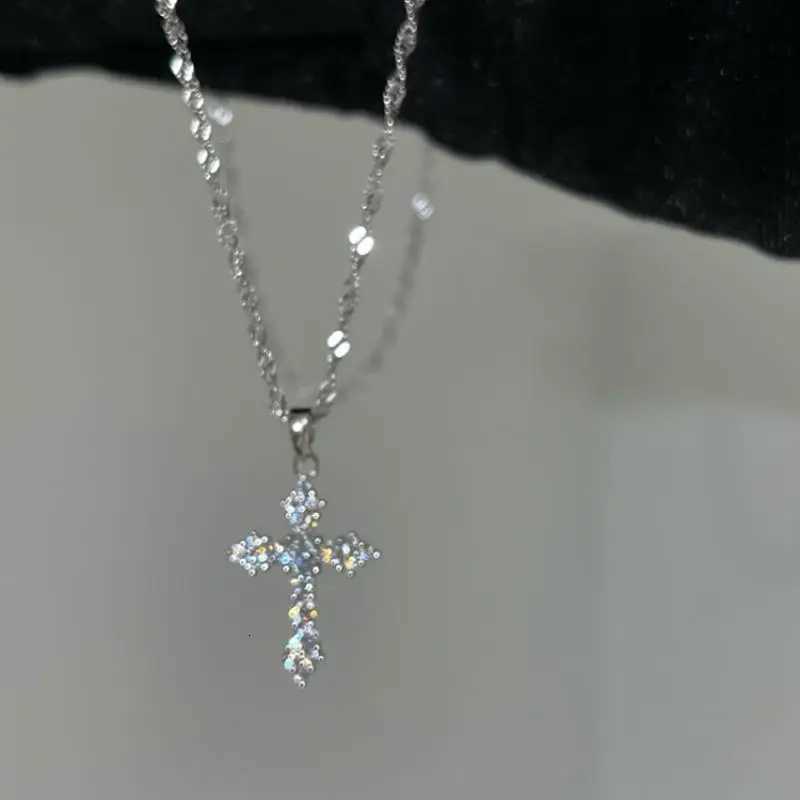 Silver Color Zircon Cross Pendant Necklace for Women Shiny Rhinestone Collar Necklaces 2025 Trend Christmas Jewelry Y251227