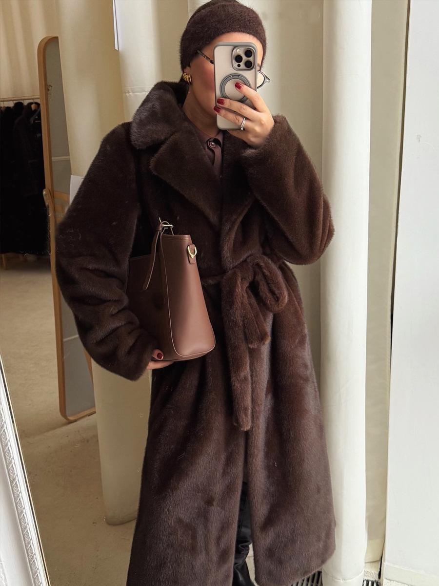 Lautaro Winter Long Brown Thick Warm Soft Artificial Mink Coat Womens Puff Sleeves Elegant Unique Fluffy Fur Coat 241107