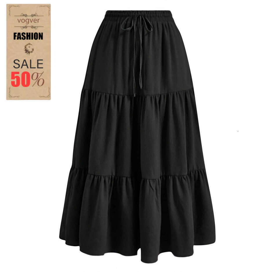 Women's Tiered Maxi Skirt Elastic Waist Drawstring Long Skirt for Casual Daily Wear Ruched Elastic Pocket Skirt Patchwork