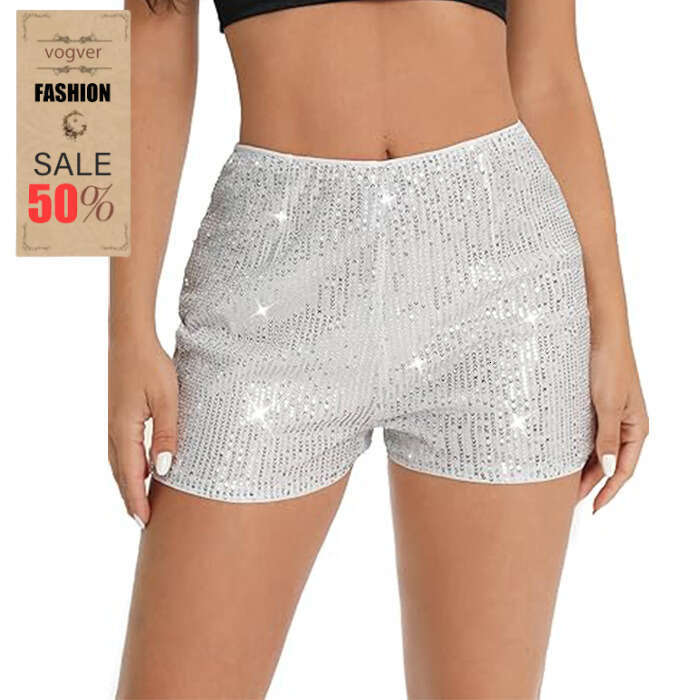 Women's Sexy Straight Shorts Spring Multi-Color Shiny Sequin Slim Hot Pants Mid-Waist