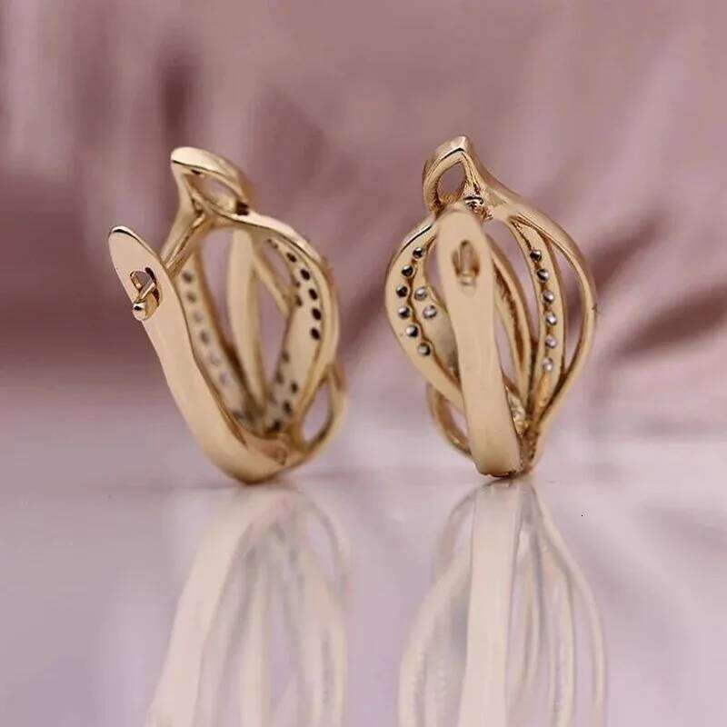 Simple Leaf Shape Hollow Stud Earring For Women AAA Zircon Gold Color Plated Ear Accessories Jewelry Gift