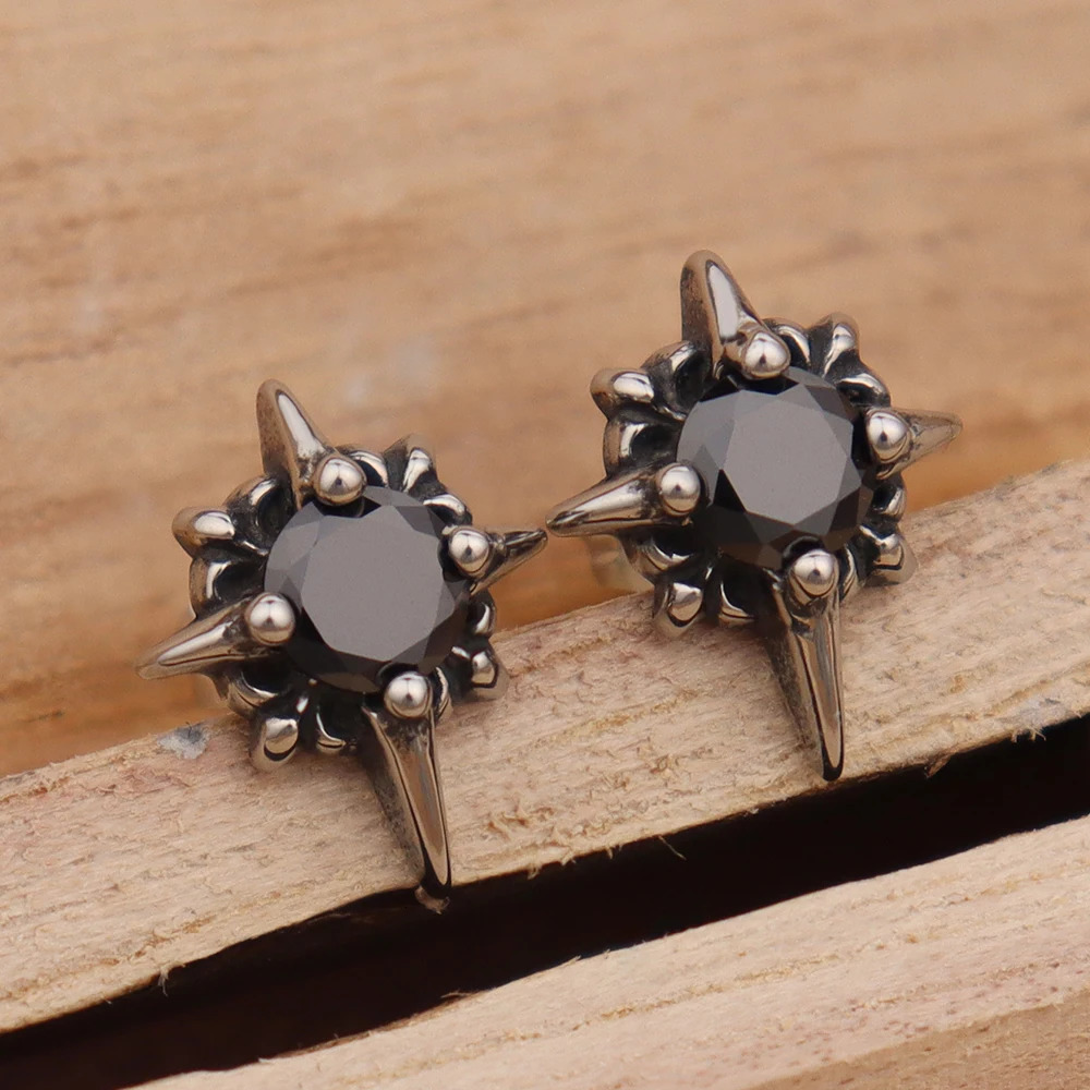 Fashion Trend Charm Women Black Stone Earrings Stainless Steel Punk Hip Hop Star Earring for Men Couple Jewelry Gift Accessories 251224