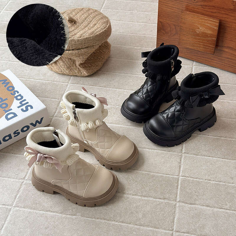 Children's British Martin 2025 Autumn Winter New Korean Style Girls' Knitted Ruffled Bowknot Fleece Short Boots