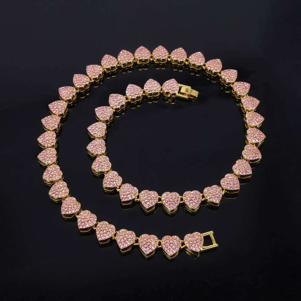 ZAKOL New 11mm Width Heart Hip Hop Bracelet Necklace Shiny Pink Clear Rhinestone CZ Street Rock Ornaments Jewelry for Women Men