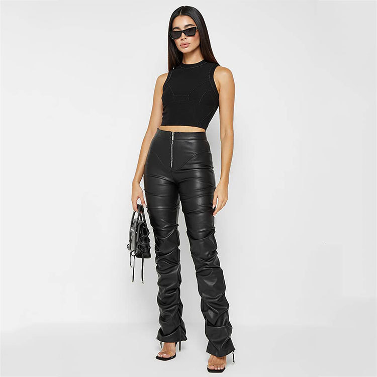 Womens Fashion Tight PU Leather Pants Unique Folded Flared Pants for Women All Seasons Style CX200804