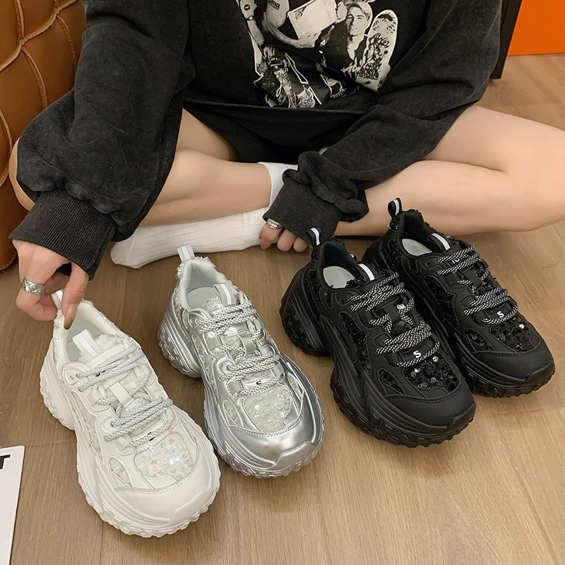 2026 Spring and Summer New Design Women Mesh Sequin Casual Shoes Tire Thick Sole Trendy Fashion Sports Shoes White Silver Black Free Shipping Size 35-