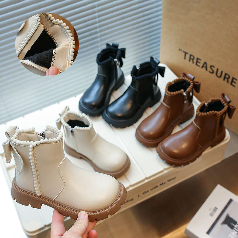 Girls' Martin 2025 Autumn Winter New Korean Style Fleece-Lined Warm Cotton for Older Children with Bowknot Short Boots