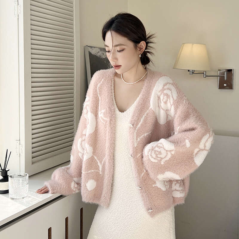 Elegant Rose Imitation Mink Velvet Socialite Lady Camisole Nightdress Robe Soft Sleepwear Women Autumn Winter Two-Piece Set