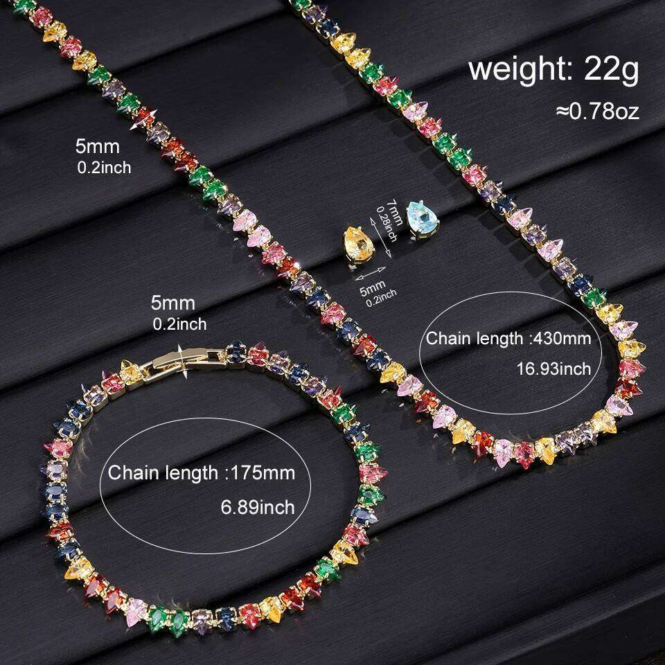 ZAKOL New Colorful Water Drop Cubic Zirconia Tennis Bracelet Necklace Earrings Set for Women Elegant Wedding Jewelry