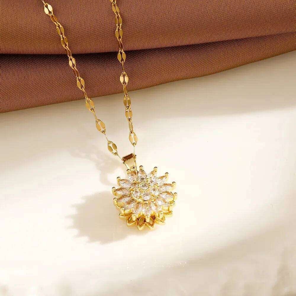 Trendy Rotation Spin Sunflower Stainless Steel Zircon Necklaces For Women Metal Crystal Necklace Party Birthday Gifts Jewelry