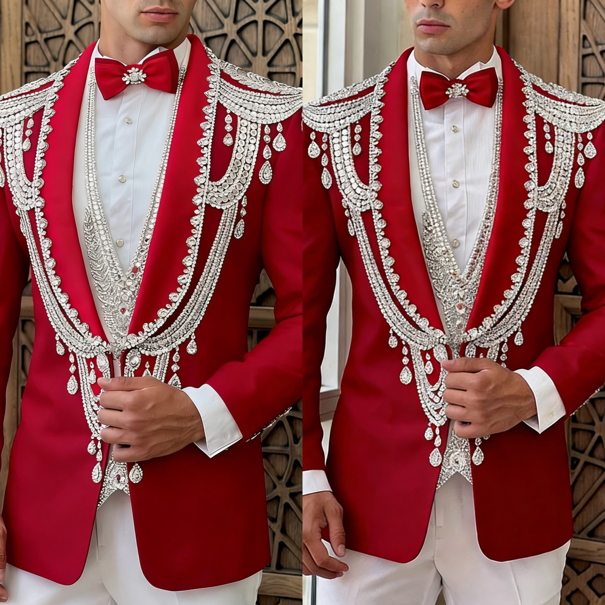 Vintage Men Suits 2 Pieces Tailor-Made Shawl Lapel Blazer Crystal Beaded Jacket One Button Groom Customized Coat White Pants Plus Size