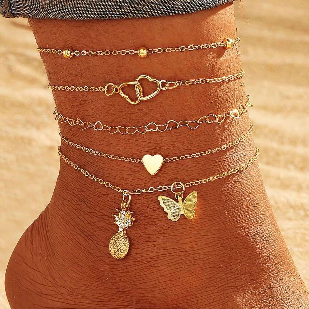 Cross-Border New Fashion Women's Gold Anklet Star Butterfly Pendant Layered Set Beach Multi-Layer Chain