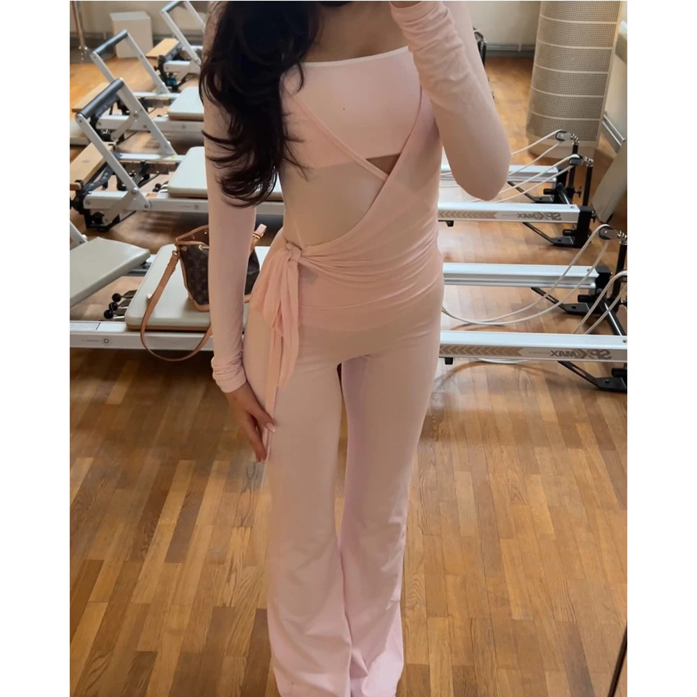 Women Autumn y2k Yoga 2 Piece Outfits Casual Solid Tie up Hem Wrap Long Sleeves V-neck Crop Tops Elastic Flare Pants Tracksuits 251224