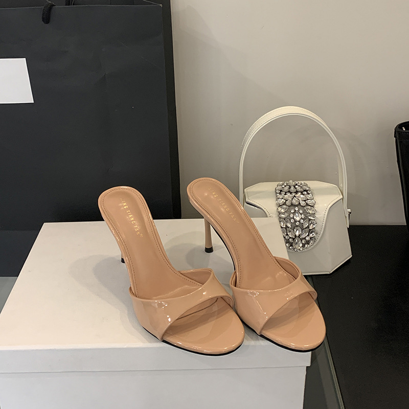 Free Shipping 2026 New Patent Leather Thin High Heel Mule Sandals Women's Elegant Slingback Slides Ladies Summer Fashion Outdoor Slippers