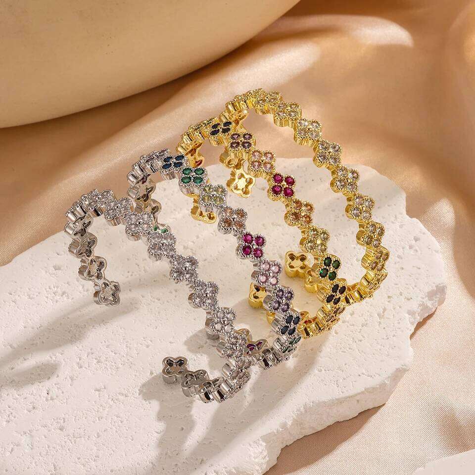 ZAKOL Colorful Zircon Five-leaf Flower Clover Open Bangle Bracelets for Women Luxury Shiny CZ Wedding Party Jewelry