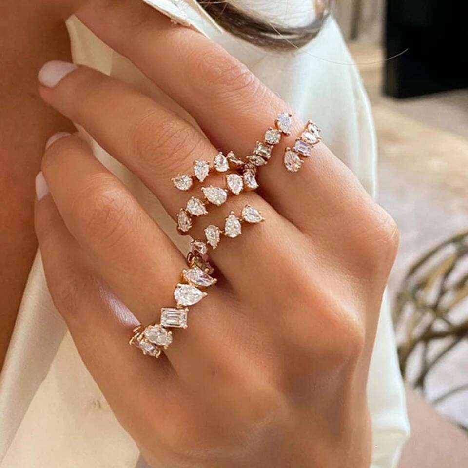 Classic Fashion 3 Layers Irregular Zirconia Open Rings for Women Silver Color Ring Rectangle Shinny Wedding Jewelry