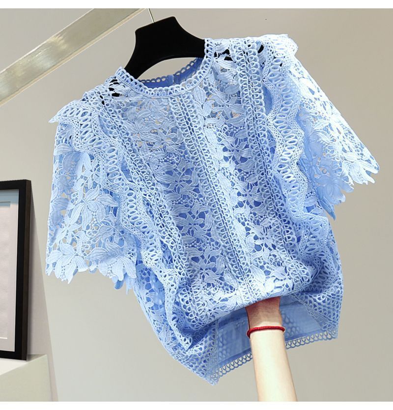 2025 Summer Korean Style High Waist Short Sleeve Pullover Crochet Hollow Out Womens Round Neck Lace Top 210422