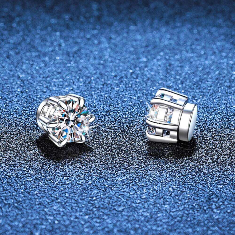 JOIAS HOME S925 Sterling Silver Hole Magnetic Classic 6-claw Ear-studs 1CT Moissanite Earrings for Women Cool Man's Ear Jewelry 04c