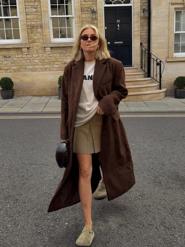 Women Brown Lapel Woolen Overcoat Casual Full Sleeve Single Breasted Loose Pockets Coat 2025 Autumn Lady Commute Outerwear 251216