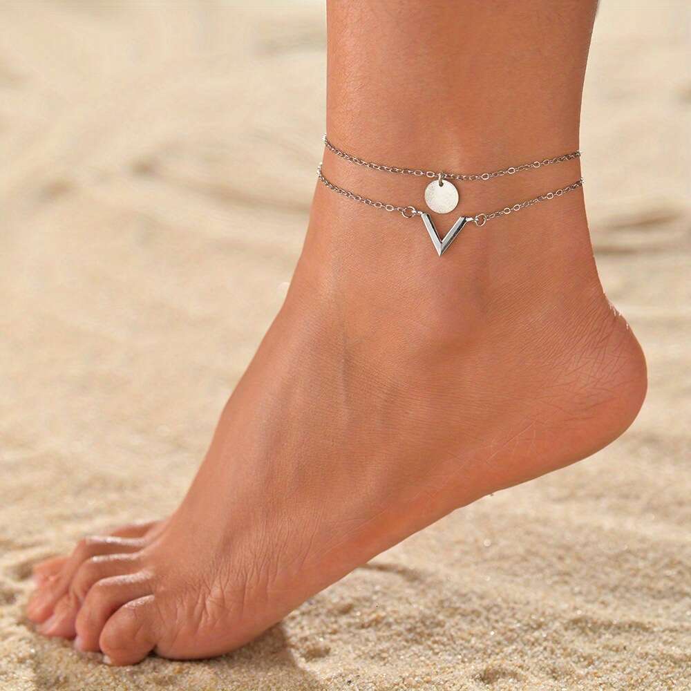 Fashion New V-Shaped Pendant Coin Charm Double-Layer Anklet Stainless Steel Simple Forest Style Jewelry for Women 2024
